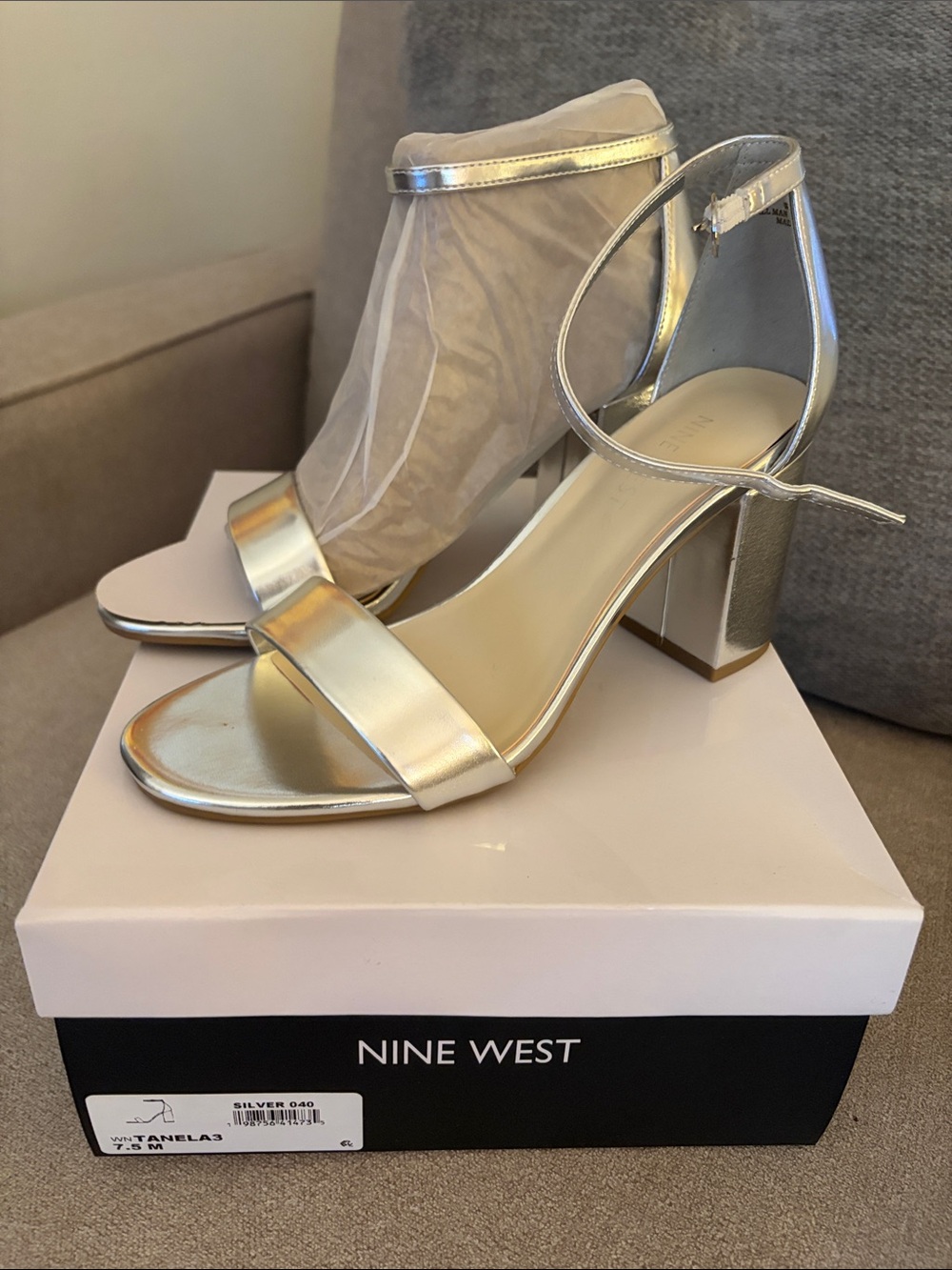 Nine West Metallic Silver Block Heel Ankle Strap Sandals